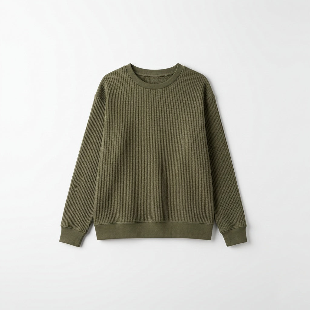2 Pieces Waffle Knit SweatShirt ( OLIVE GREEN & CEREAM )