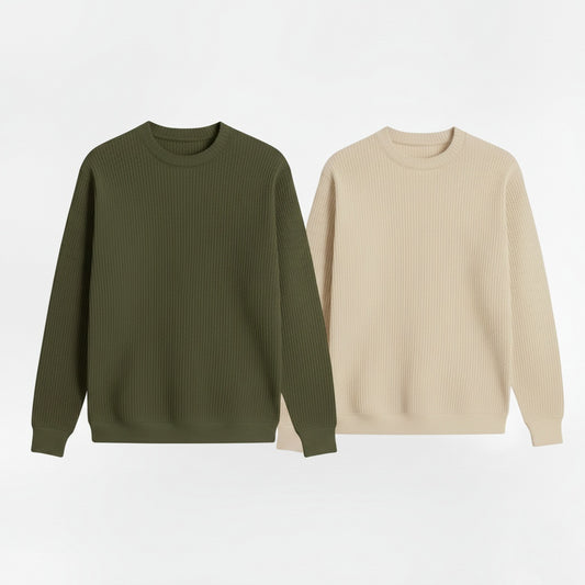 2 Pieces Waffle Knit SweatShirt ( OLIVE GREEN & CEREAM )