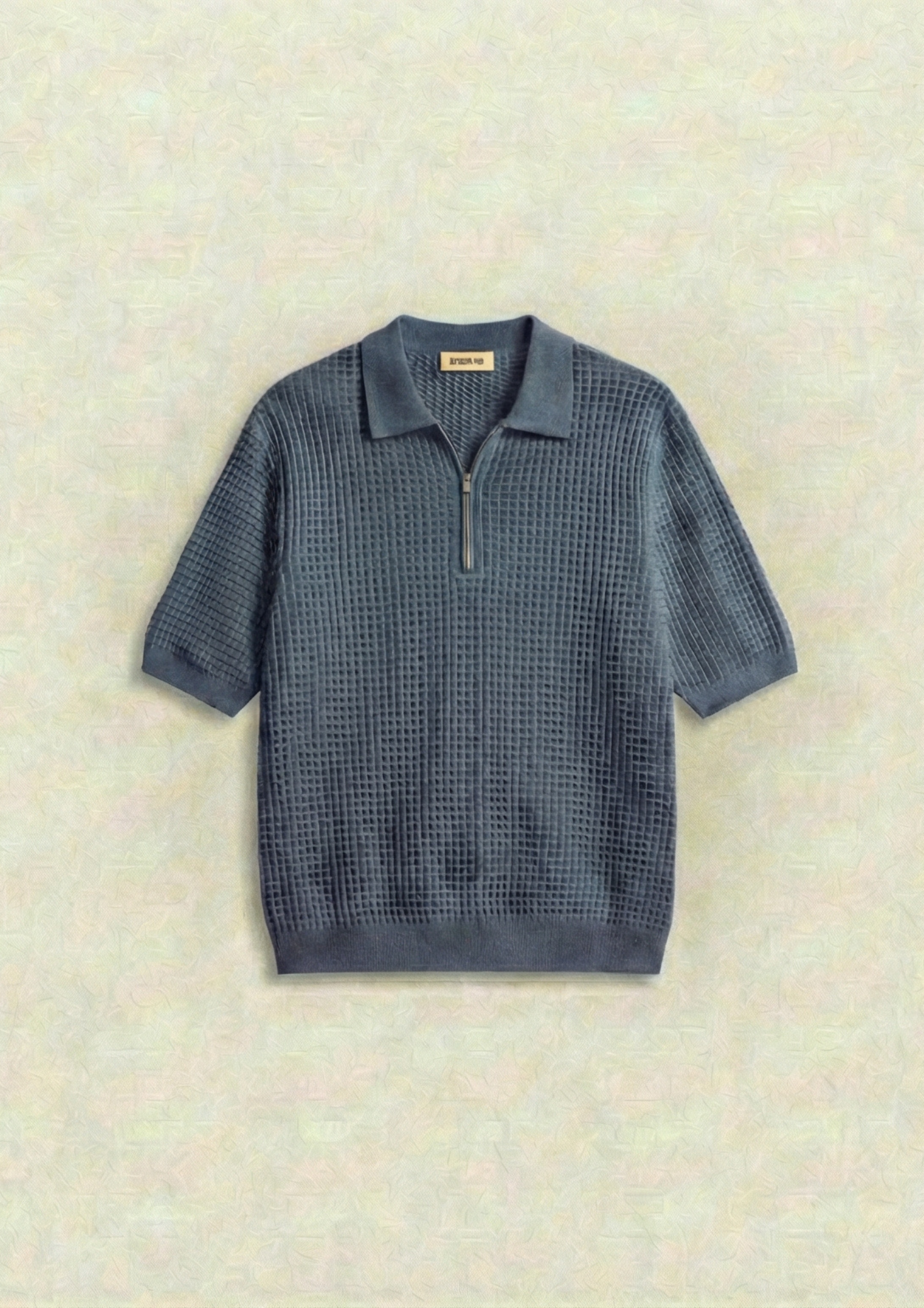 Waffle Knit Zipper Polo T-Shirt - Steel Blue