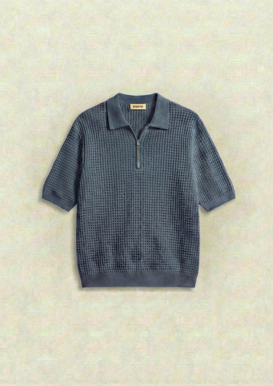 Waffle Knit Zipper Polo T-Shirt - Steel Blue