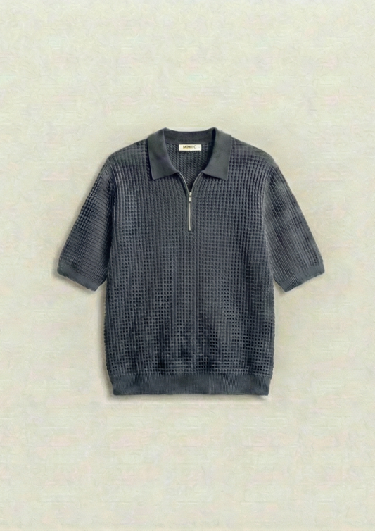 Waffle Knit Zipper Polo T-Shirt - Steel Grey