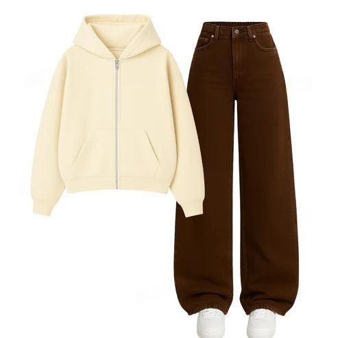 Brown Wide Leg Jeans With Zipper