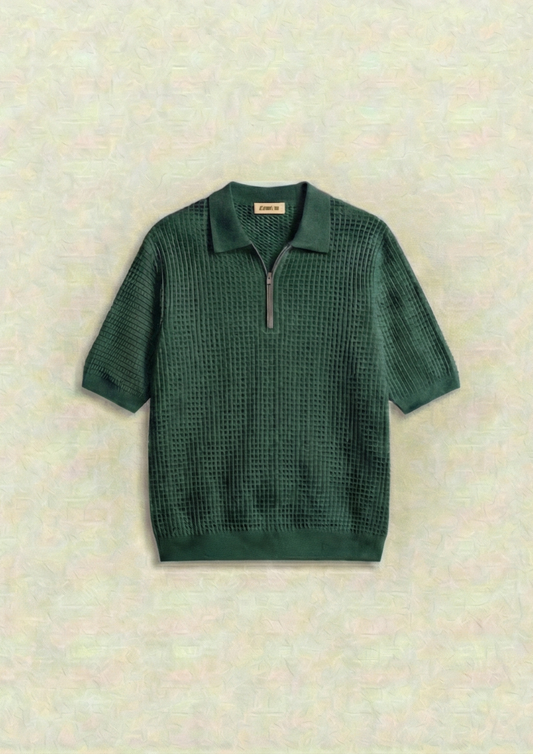 Waffle Knit Zipper Polo T-Shirt - Bottle Green