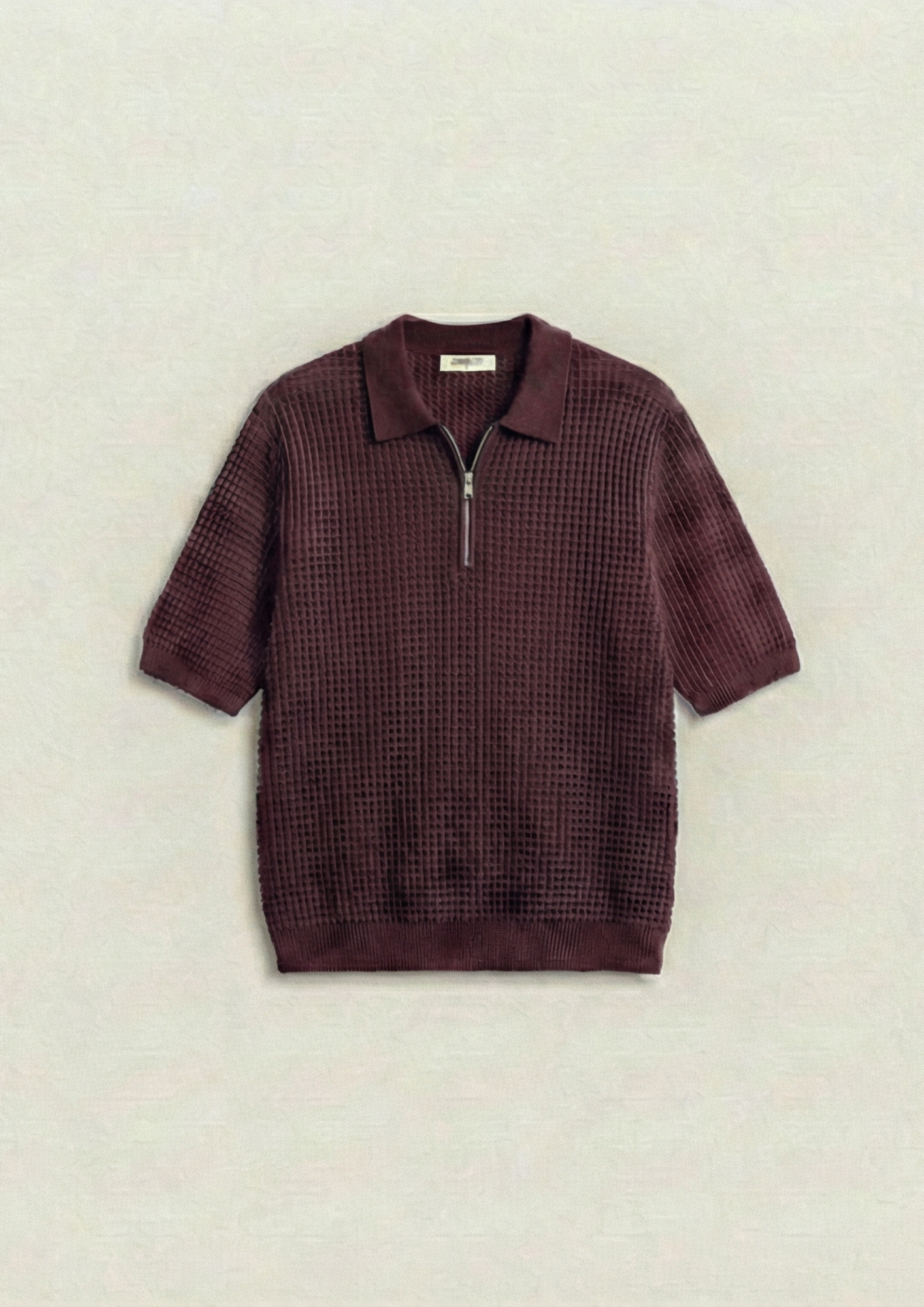Waffle Knit Zipper Polo T-Shirt - Maroon