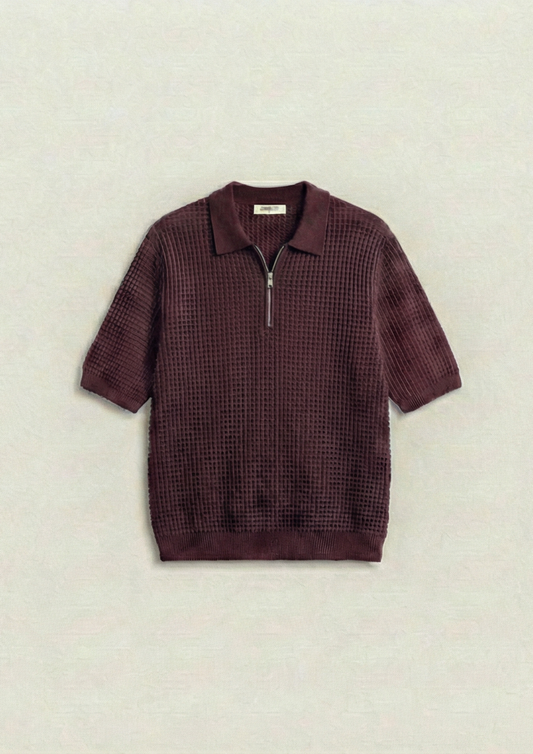 Waffle Knit Zipper Polo T-Shirt - Maroon
