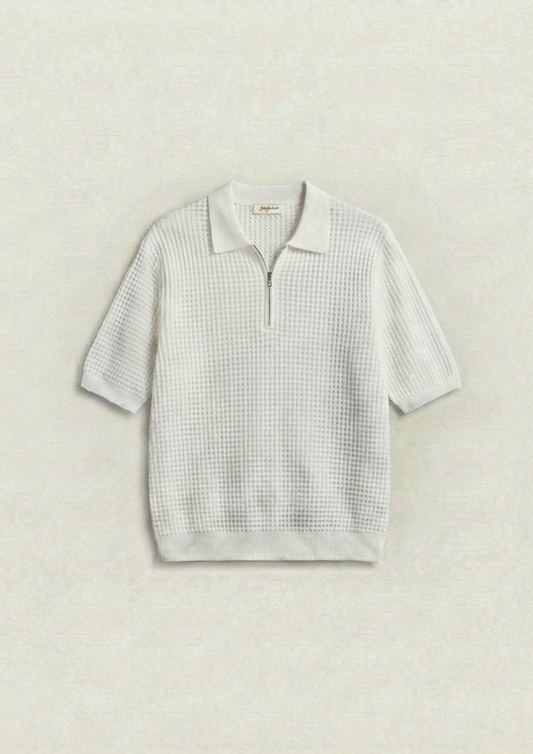 Waffle Knit Zipper Polo T-Shirt - White