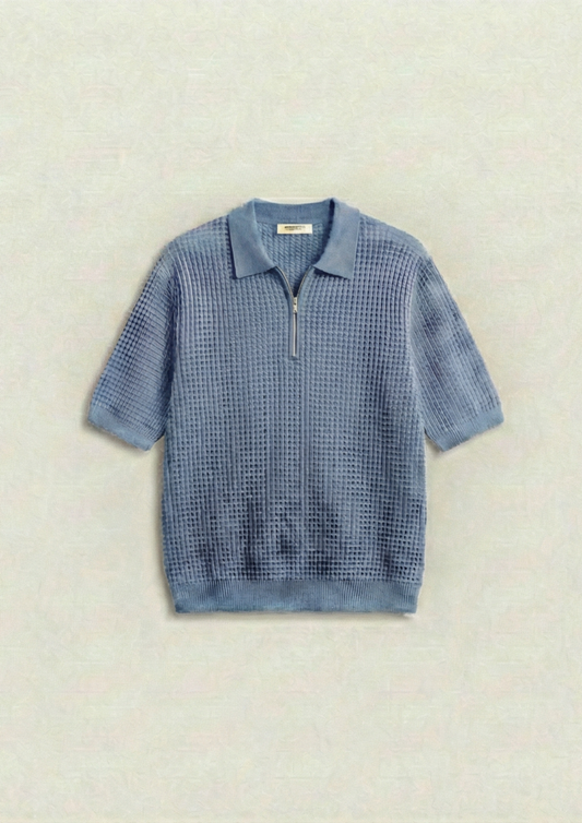 Waffle Knit Zipper Polo T-Shirt - Light Blue