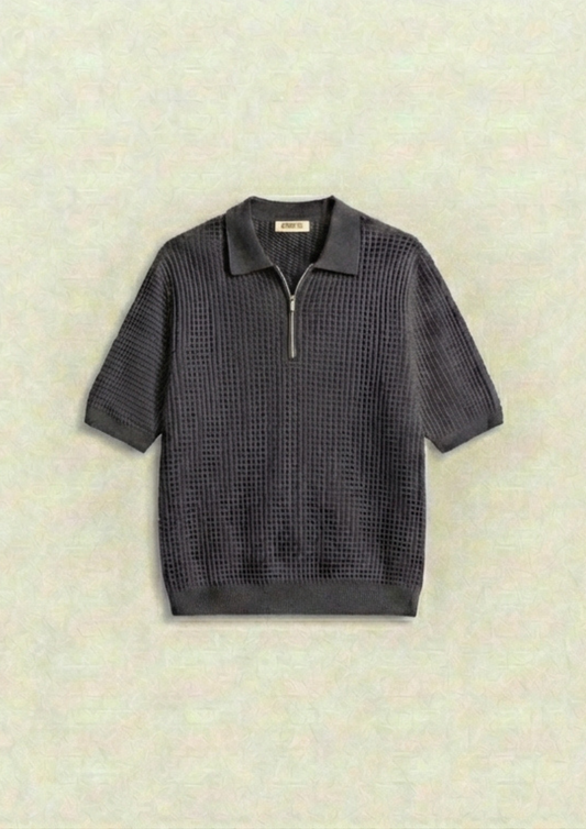 Waffle Knit Zipper Polo T-Shirt - Charcoal