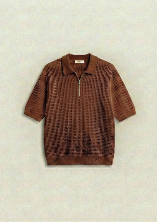 Waffle Knit Zipper Polo T-Shirt - Rust