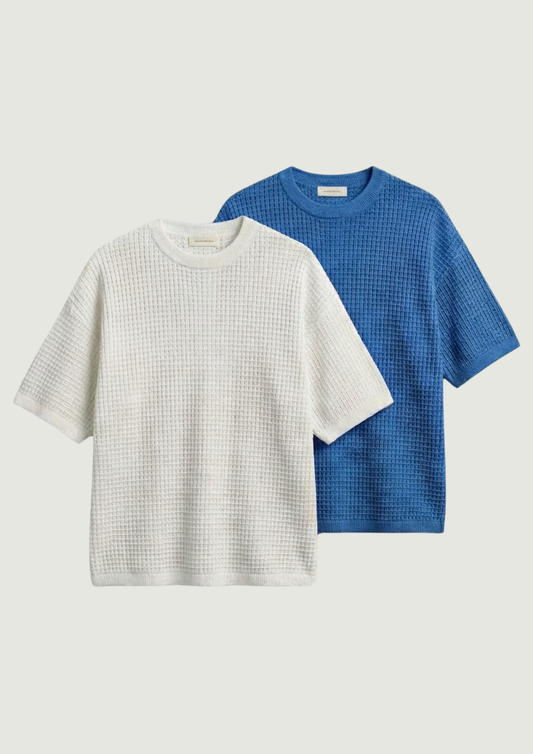 Pack of 2 – Waffle Knit Oversized Tees - (White - Dodger Blue)