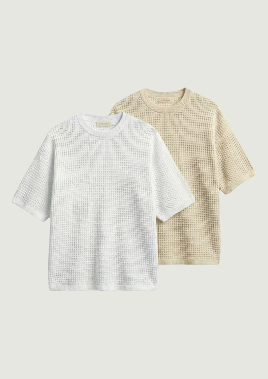 Pack of 2 – Waffle Knit Oversized Tees - (White – Cream)