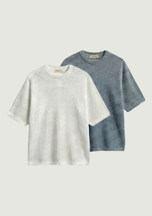 Pack of 2 – Waffle Knit Oversized Tees - (White – Steel Gray)