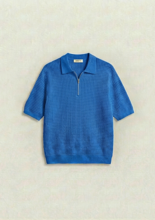 Waffle Knit Zipper Polo T-Shirt - Dodger Blue