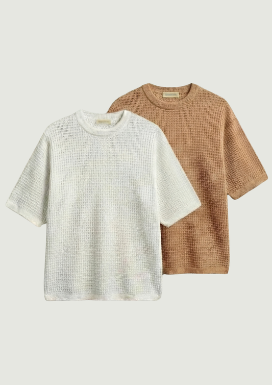 Pack of 2 – Waffle Knit Oversized Tees - (White – Desert Sand)