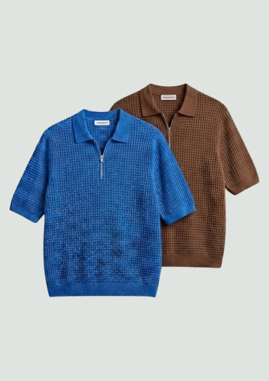 Pack of 2 – Waffle Knit Zipper Polo - (Dodger Blue – Brown)