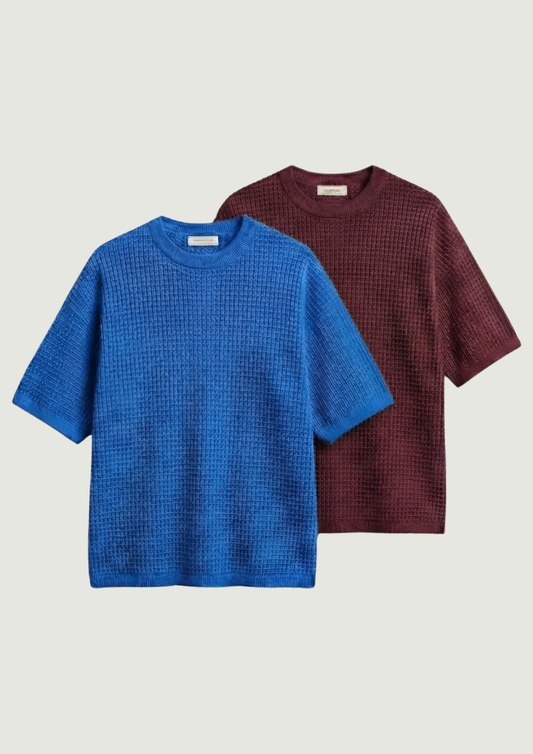 Pack of 2 – Waffle Knit Oversized Tees - (Dodger Blue – Maroon)