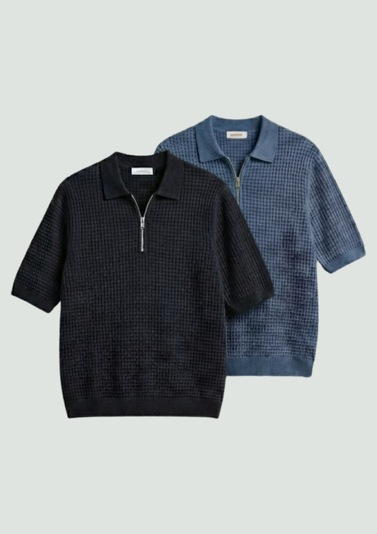 Pack of 2 – Waffle Knit Zipper Polo - (Black – Steel Blue)