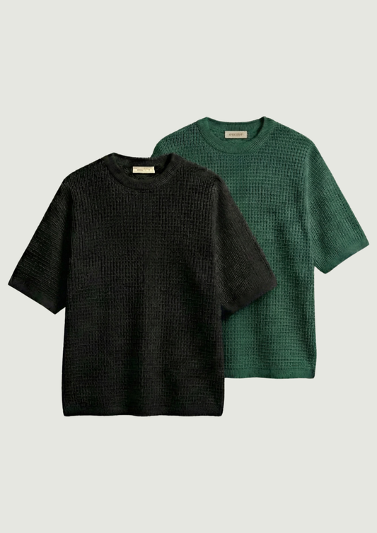 Pack of 2 – Waffle Knit Oversized Tees - (Black – Bottle Green)