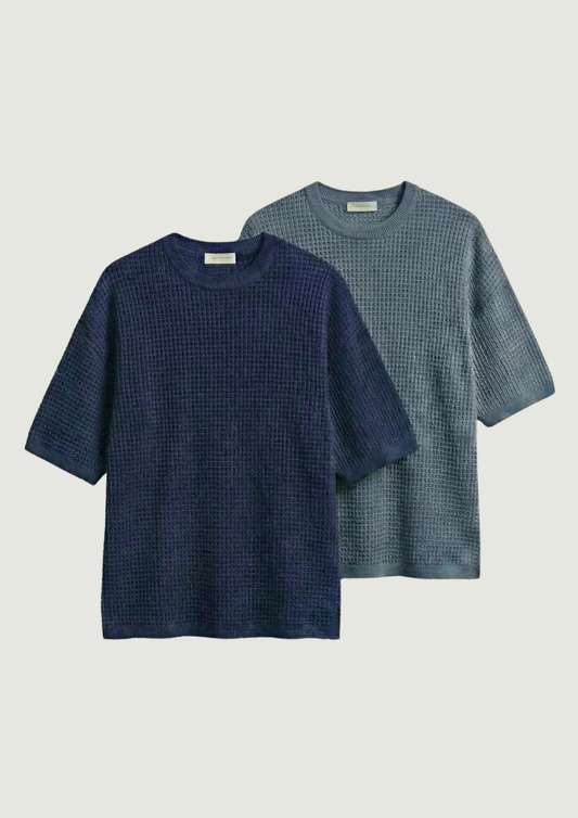 Pack of 2 – Waffle Knit Oversized Tees - (Navy Blue – Steel Blue)