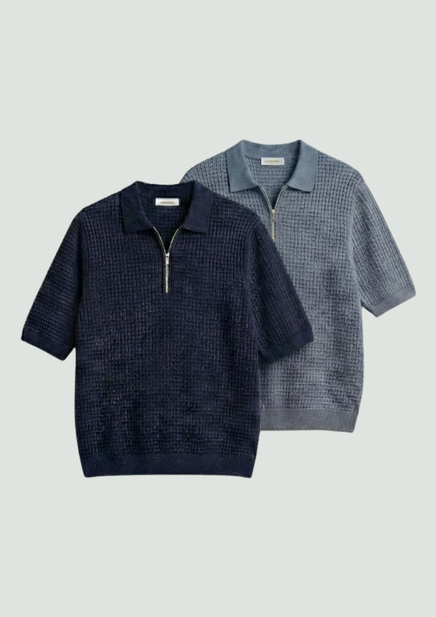 Pack of 2 – Waffle Knit Zipper Polo - (Navy Blue – Steel Gray)