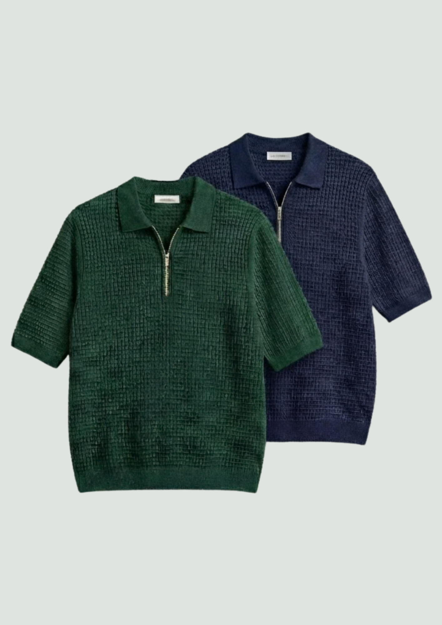 Pack of 2 – Waffle Knit Zipper Polo - (Navy Blue – Bottle Green)