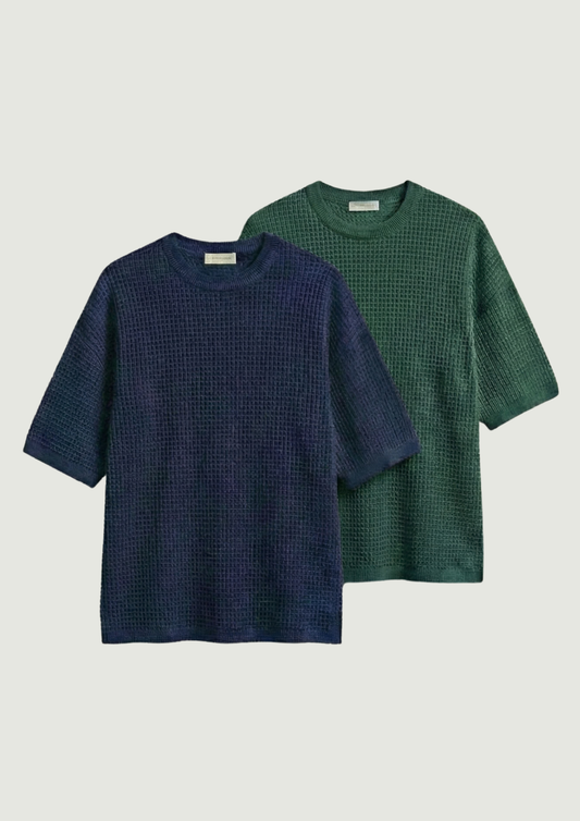 Pack of 2 – Waffle Knit Oversized Tees - (Navy Blue – Bottle Green)