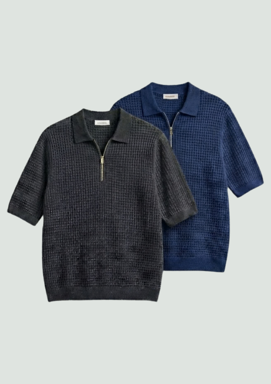 Pack of 2 – Waffle Knit Zipper Polo - (Navy Blue – Charcoal)
