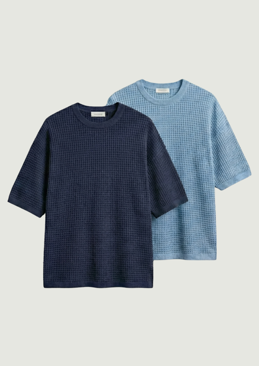Pack of 2 – Waffle Knit Oversized Tees - (Navy Blue – Light Blue)
