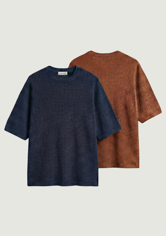 Pack of 2 – Waffle Knit Oversized Tees - (Navy Blue – Rust)