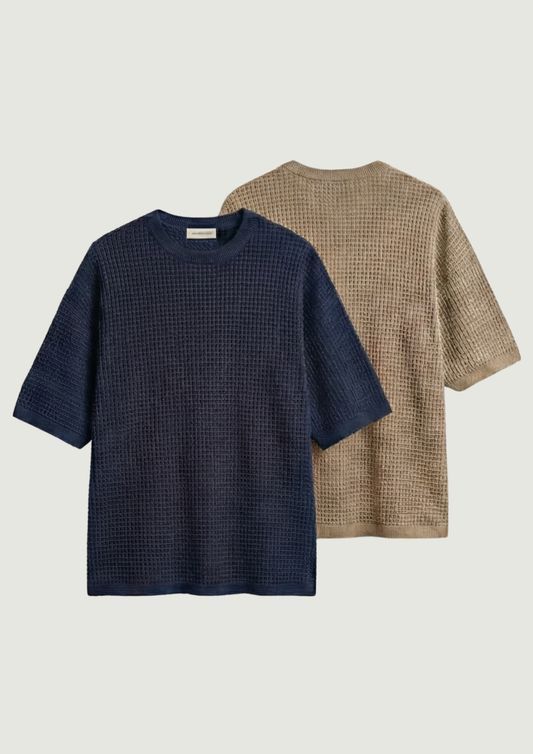 Pack of 2 – Waffle Knit Oversized Tees - (Navy Blue – Desert Sand)