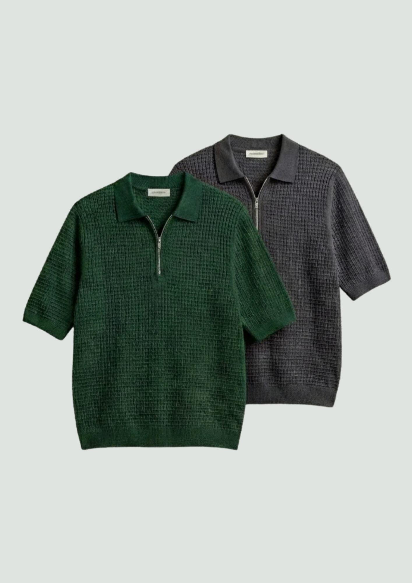 Pack of 2 – Waffle Knit Zipper Polo - (Bottle Green – Charcoal)