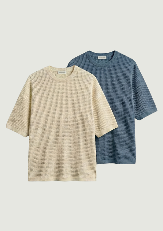 Pack of 2 – Waffle Knit Oversized Tees - (Cream – Steel Blue)