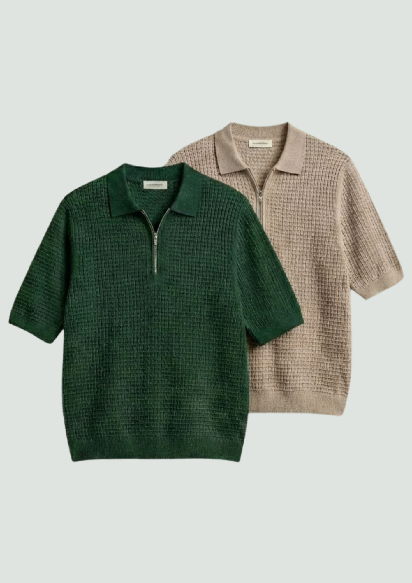 Pack of 2 – Waffle Knit Zipper Polo - (Bottle Green – Desert Sand)