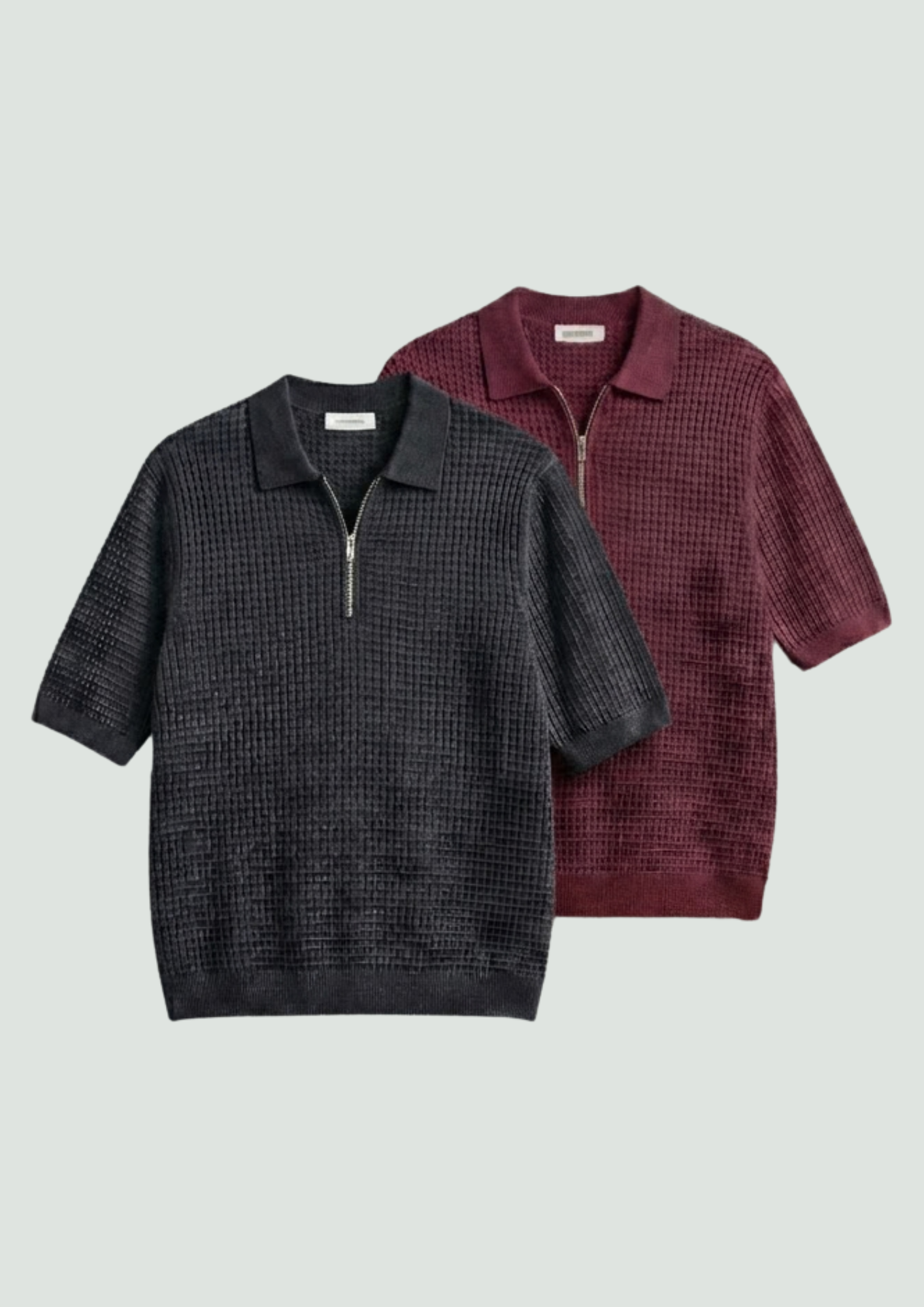 Pack of 2 – Waffle Knit Zipper Polo - (Maroon – Charcoal)