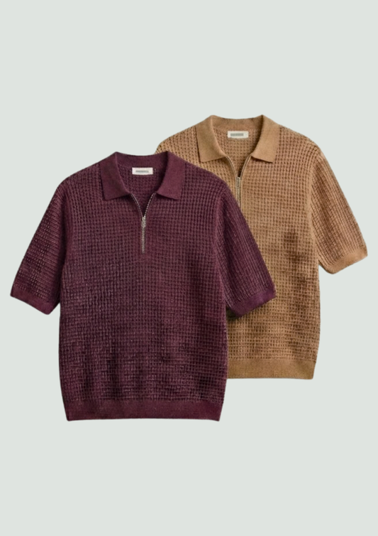 Pack of 2 – Waffle Knit Zipper Polo - (Maroon – Desert Sand)