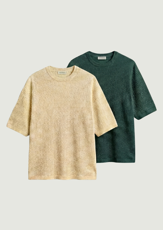 Pack of 2 – Waffle Knit Oversized Tees - (Cream – Bottle Green)
