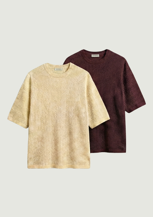 Pack of 2 – Waffle Knit Oversized Tees - (Cream – Maroon)