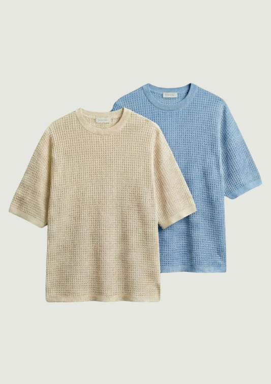 Pack of 2 – Waffle Knit Oversized Tees - (Cream – Light Blue)