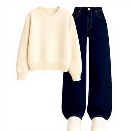 Dark Blue Wide Leg Jeans With Sweatshirt