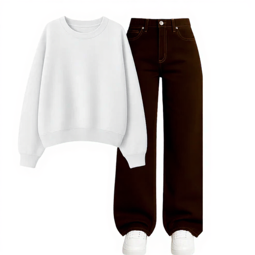 Brown Wide Leg Jeans With Sweatshirt