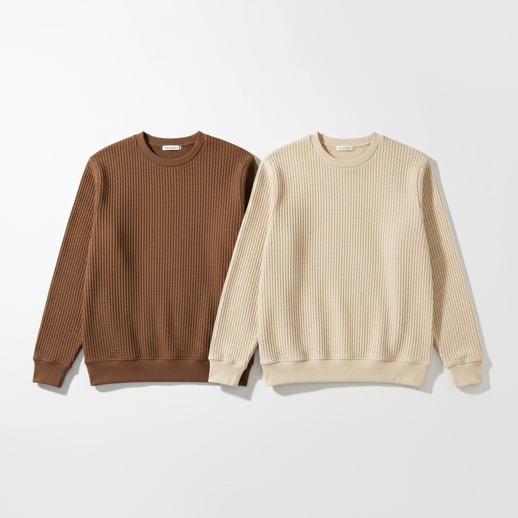 2 Pieces Waffle Knit SweatShirt ( BROWN & CREAM )