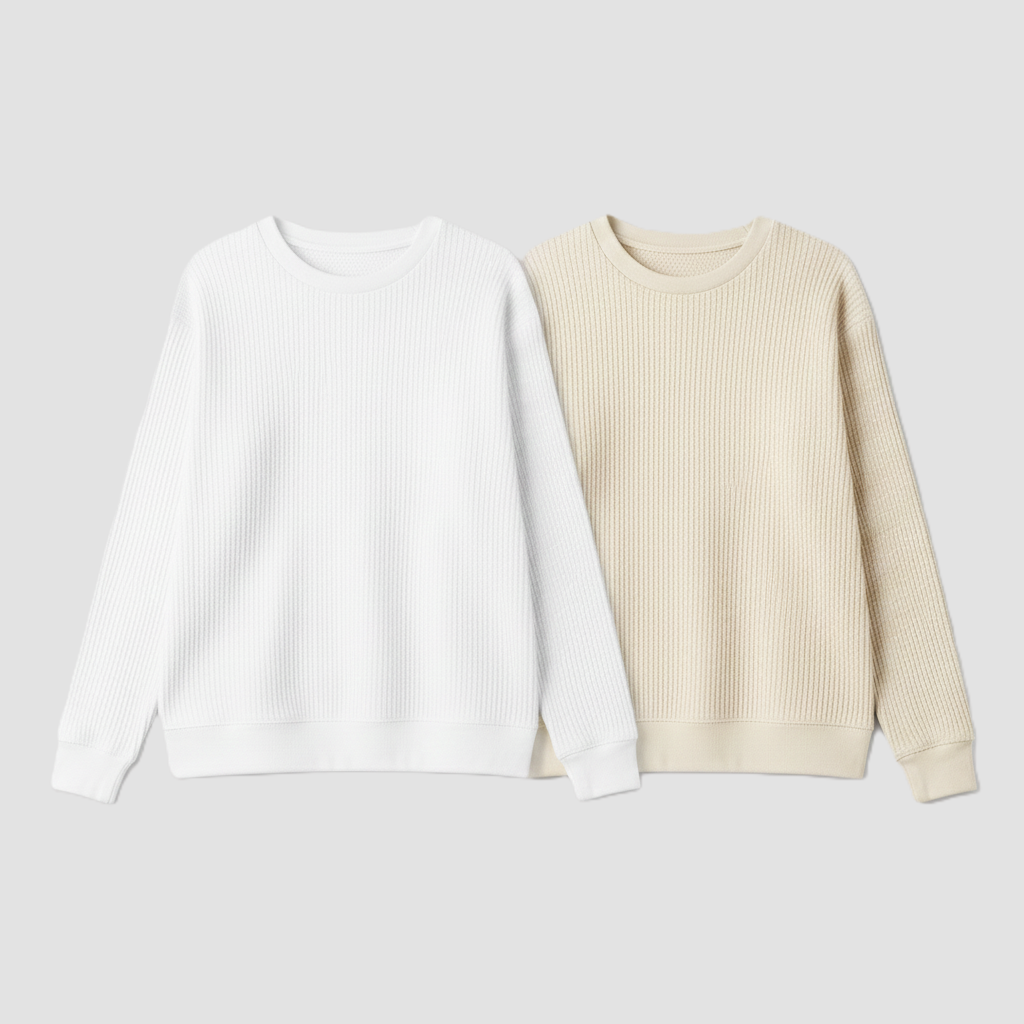 2 Pieces Waffle Knit SweatShirt ( WHITE & CREAM )