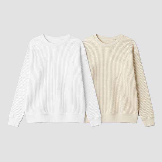 2 Pieces Waffle Knit SweatShirt ( WHITE & CREAM )