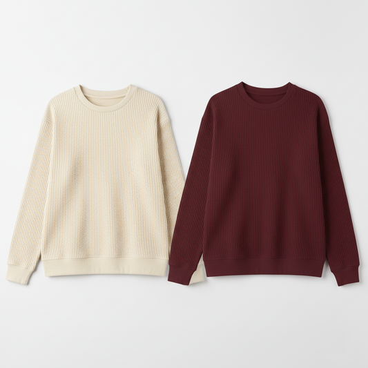2 Pieces Waffle Knit SweatShirt ( CREAM & MAROON )