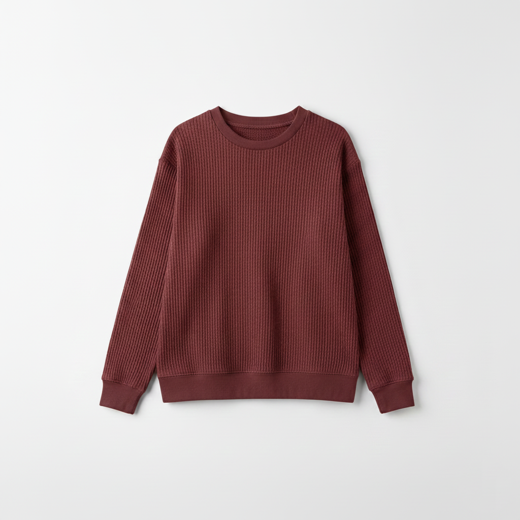 2 Pieces Waffle Knit SweatShirt ( CREAM & MAROON )