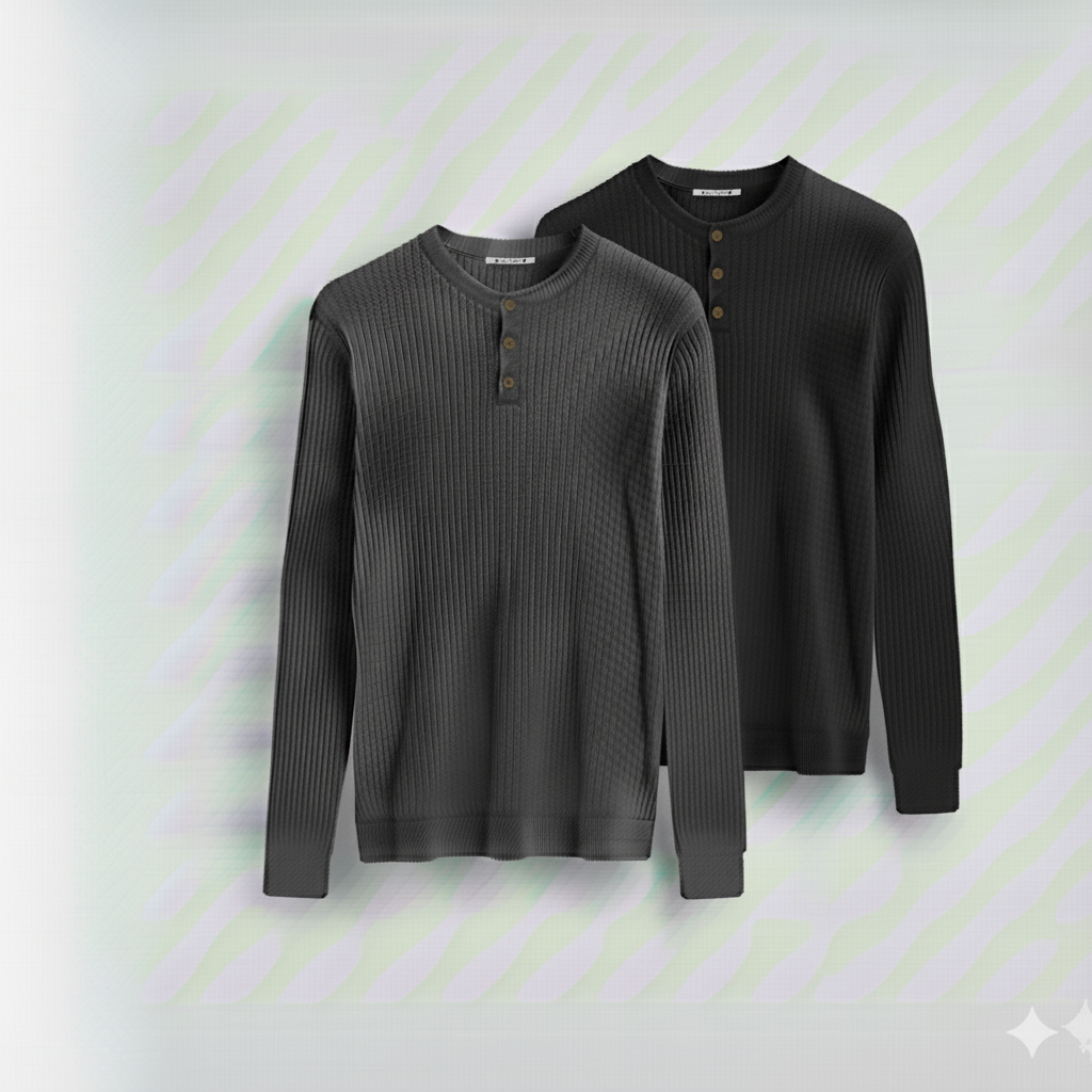 2 Pieces Waffle Knit Henley Pack ( Charcoal + Black )
