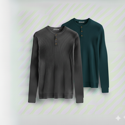 2 Pieces Waffle Knit Henley Pack ( Charcoal + Dark Teal )