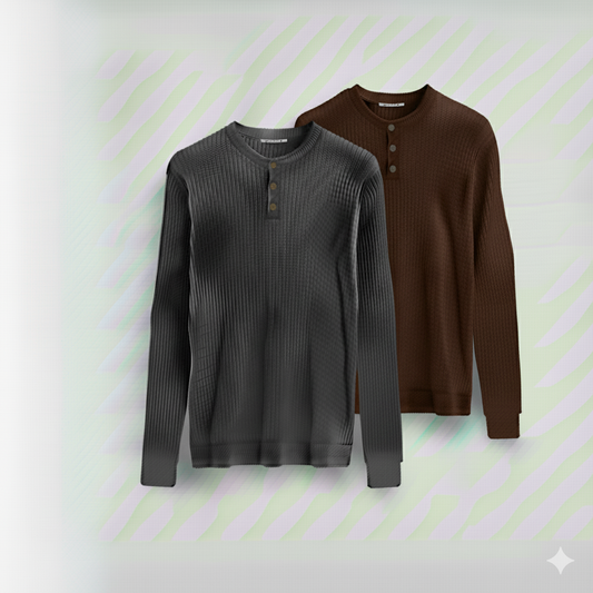 2 Pieces Waffle Knit Henley Pack (  Charcoal + Dark Brown )