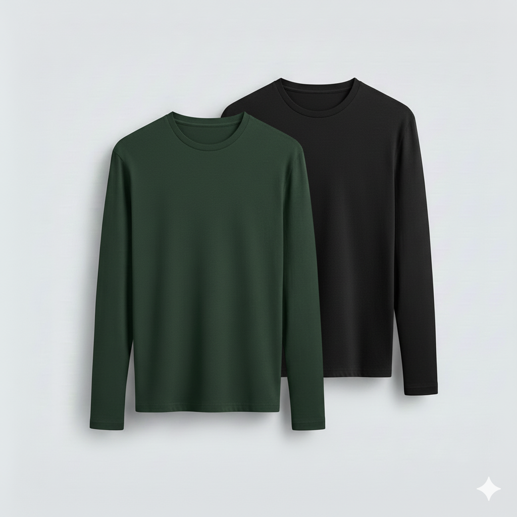 2 Pieces Full Sleeves T-Shirt ( BLACK & BOTTLE GREEN )
