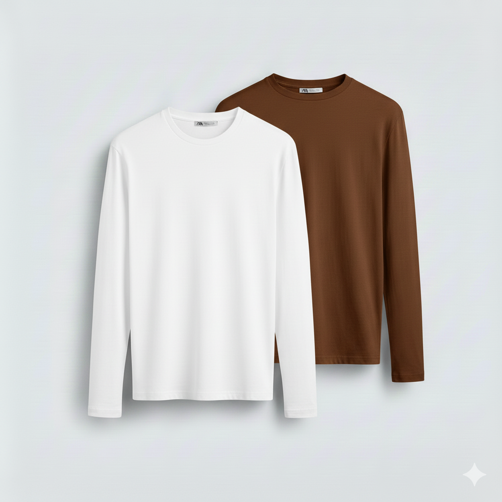 2 Pieces Full Sleeves T-Shirt ( WHITE & BROWN)